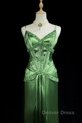 Green Spaghetti Strap Sheath Satin Beaded Prom Dresses Evening Gown