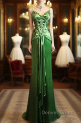 Green Spaghetti Strap Sheath Satin Beaded Prom Dresses Evening Gown