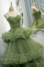 Green Spaghetti Straps Tulle Layers Long Prom Dress, Green Prom Dresses
