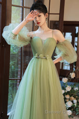 Green Spaghetti Straps Tulle Party Dress, Green Sweetheart Long Prom Dress