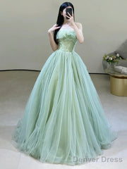 Green Strapless Tulle Floor Length Prom Dress, Beautiful Green Evening Dress