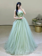Green Strapless Tulle Floor Length Prom Dress, Beautiful Green Evening Dress