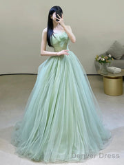 Green Strapless Tulle Floor Length Prom Dress, Beautiful Green Evening Dress