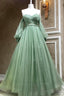 Green Strapless Tulle Long Sleeve Prom Dress, Green A Line Prom Dresses