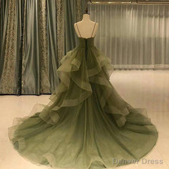 Green Straps Sweetheart Tulle Long Evening Dress, Green Layers Tulle Prom Dress