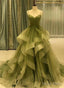 Green Straps Sweetheart Tulle Long Prom Dress, Green Layers Tulle Prom Dresses
