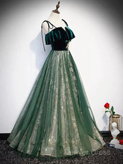 Green Straps Velvet Long Lace Prom Dresses