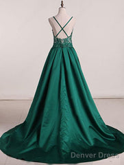 Green Sweep Train Satin Open Back Prom Dresses