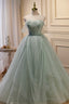 Green Sweetheart Beaded Tulle Long Prom Dress, Green Prom Dresses