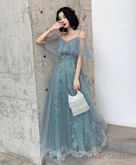 Green Sweetheart Lace Tulle Long Party Dress, Green A-Line Evening Dresses