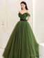Green Sweetheart Shiny Tulle Off Shoulder Prom Dress, Green Long Prom Dresses
