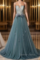 Green sweetheart tulle lace long prom Dresses green formal Dresses