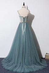 Green sweetheart tulle lace long prom Dresses green formal Dresses