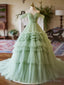 Green Sweetheart Tulle Off Shoulder Layers Long Prom Dress, Green Sweet 16 Dresses