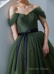 Green Tulle A-Line Off Shoulder Prom Dresses, Green Tull Long Formal Dresses Evening Dresses