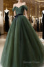 Green Tulle A-Line Off Shoulder Prom Dresses, Green Tull Long Formal Dresses Evening Dresses