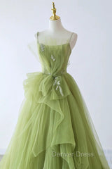 Green Tulle Beaded Long Party Dresses, Green Tulle Evening Dresses Formal Gown