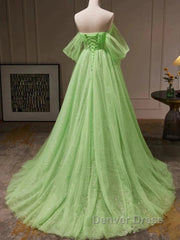 Green Tulle Beading Off Shoulder Sparkle Prom Dresses