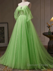 Green Tulle Beading Off Shoulder Sparkle Prom Dresses
