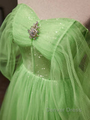 Green Tulle Beading Off Shoulder Sparkle Prom Dresses