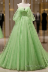 Green Tulle Beading Off Shoulder Sparkle Prom Dresses