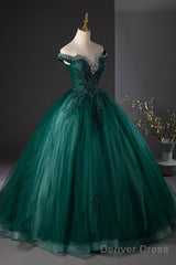 Green Tulle Beads Long Prom Dress, Elegant Off Shoulder Party Formal Dress