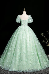 Green Tulle Butterfly Long A-Line Prom Dress, Beautiful Short Sleeve Evening Dress