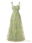 Green Tulle Embroidery Lace Straps Prom Dresses
