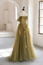 Green Tulle Lace Long Prom Dress, A Line Off the Shoulder Prom Dresses