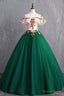 Green Tulle Lace Long Prom Dress, Cute Off Shoulder Prom Dress