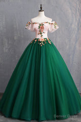 Green Tulle Lace Long Prom Dress, Cute Off Shoulder Evening Dress Party Dress