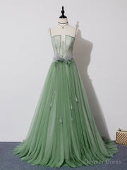 Green Tulle Lace Long Prom Dress, Green Tulle Long Formal Graduation Dress