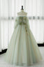 Green Tulle Lace Long Prom Dress, Off Shoulder Prom Dresses