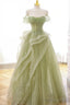 Green Tulle Lace Long Prom Dress, Green Tulle Lace Prom Dresses