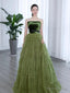 Green Tulle Layers Strapless A Line Long Prom Dress, Green Tulle Prom Dress