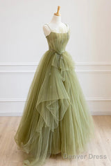 Green Tulle Long A-Line Prom Dress, Beautiful Spaghetti Strap Evening Dress