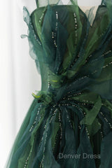 Green Tulle Long A-Line Prom Dresses, Beautiful Spaghetti Straps Evening Dresses