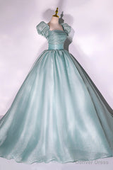 Green Tulle Long A-Line Prom Dress, Cute Short Sleeve Evening Party Dress