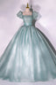 Green Tulle Long A Line Prom Dress, Cute Short Sleeve Prom Dresses