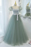 Green Tulle Long A Line Prom Dress, Cute Short Sleeve Graduation Dresses