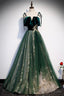 Green Tulle Long A Line Prom Dress, Green Spaghetti Straps Graduation Dresses