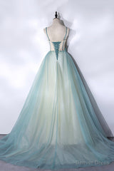 Green Tulle Long A-Line Prom Dress, Green Spaghetti Straps Graduation Dress