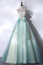 Green Tulle Long A Line Prom Dress, Green Spaghetti Straps Graduation Dresses