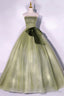 Green Tulle Long A Line Prom Dresses, Green Strapless Prom Gowns