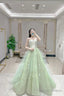 Green Tulle Long A-Line Prom Dress, Green Strapless Evening Graduation Dress
