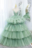 Green Tulle Long A Line Prom Dresses, Green V Neck Prom Gowns