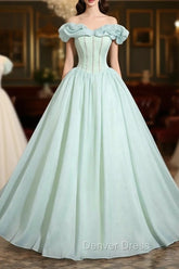 Green Tulle Long A-Line Prom Dresses, Lovely Off The Shoulder Evening Party Dresses