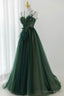 Green Tulle Long A Line Prom Dress, Spaghetti Straps Prom Dresses