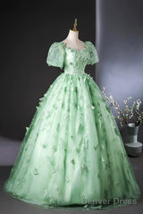 Green Tulle Long A-Line Prom Dress With Butterfly Lace, Beautiful Short Sleeve Evening Dress