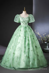 Green Tulle Long A-Line Prom Dress With Butterfly Lace, Beautiful Short Sleeve Evening Dress
